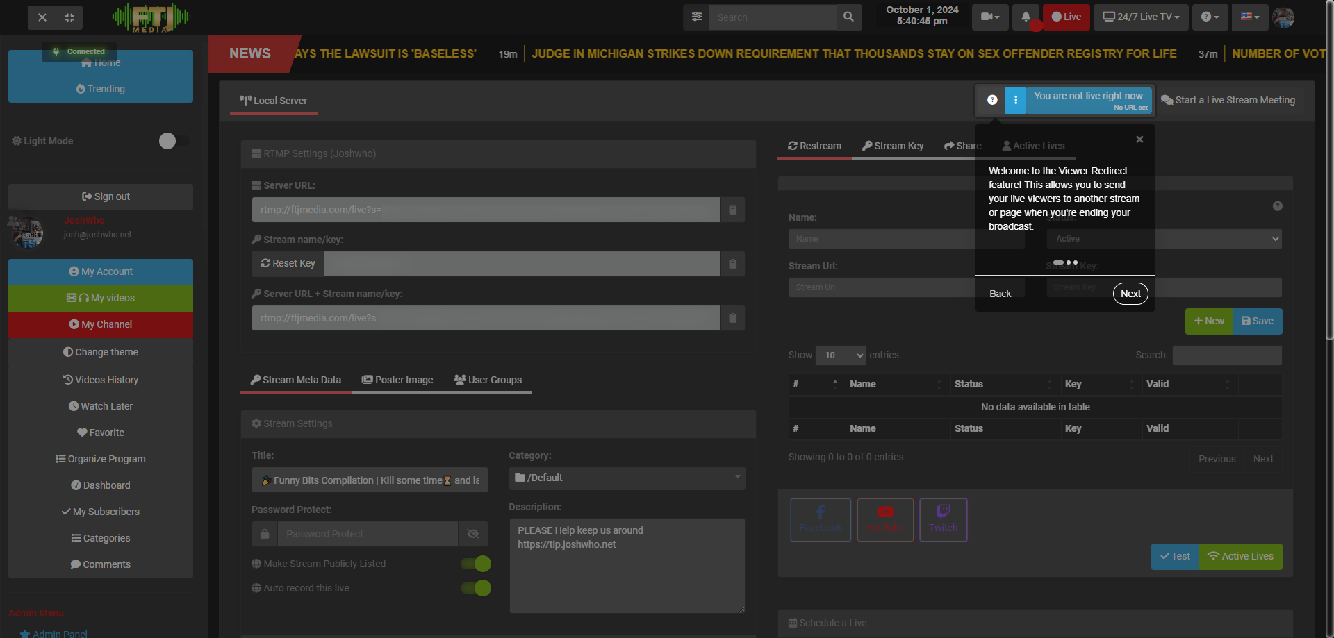 Redirect URL option in the FTJ Pro Live Panel