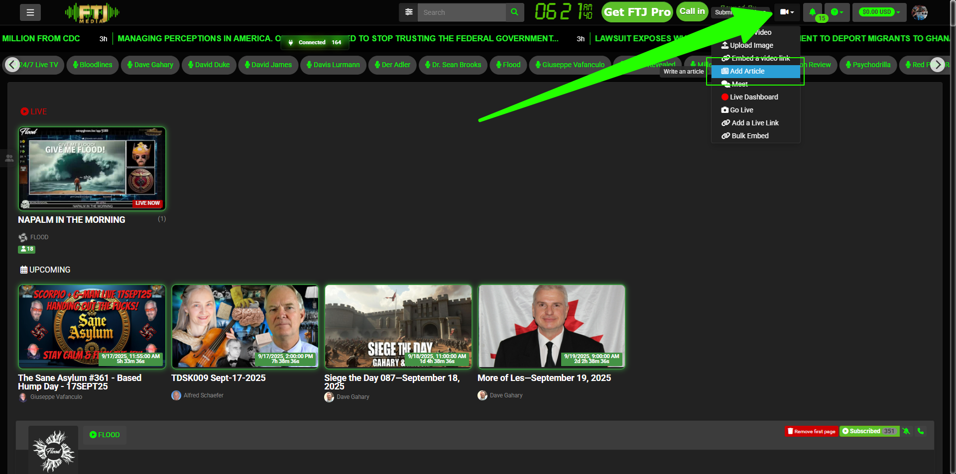 Camera icon dropdown menu with Add Article option