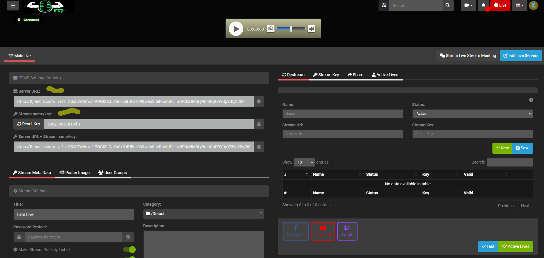 Live streaming settings dashboard in FTJ Pro