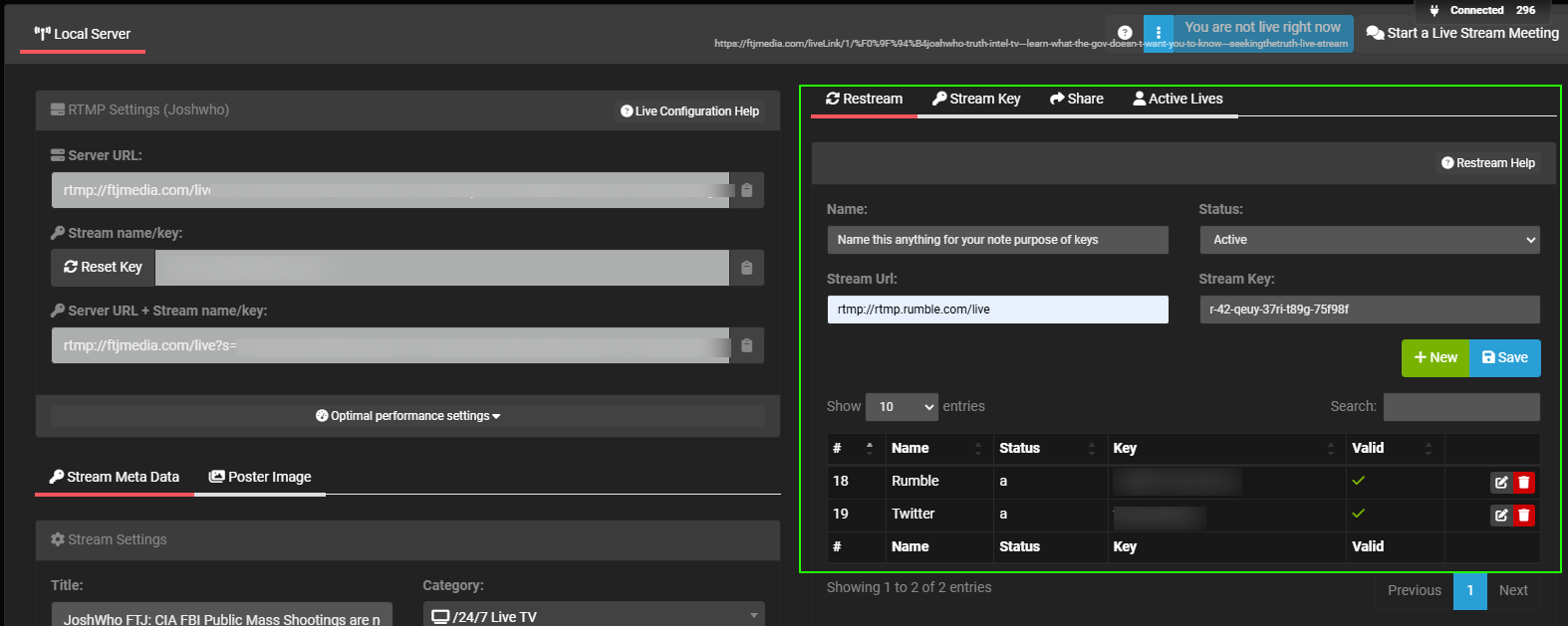 Restream tab in the FTJ Pro live dashboard