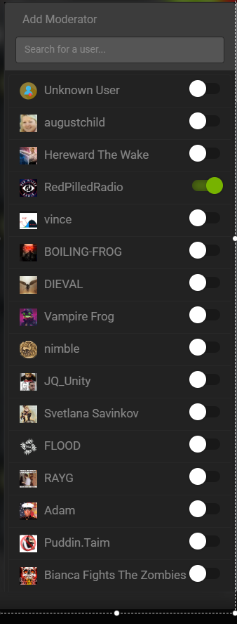 Moderators list with slider switches