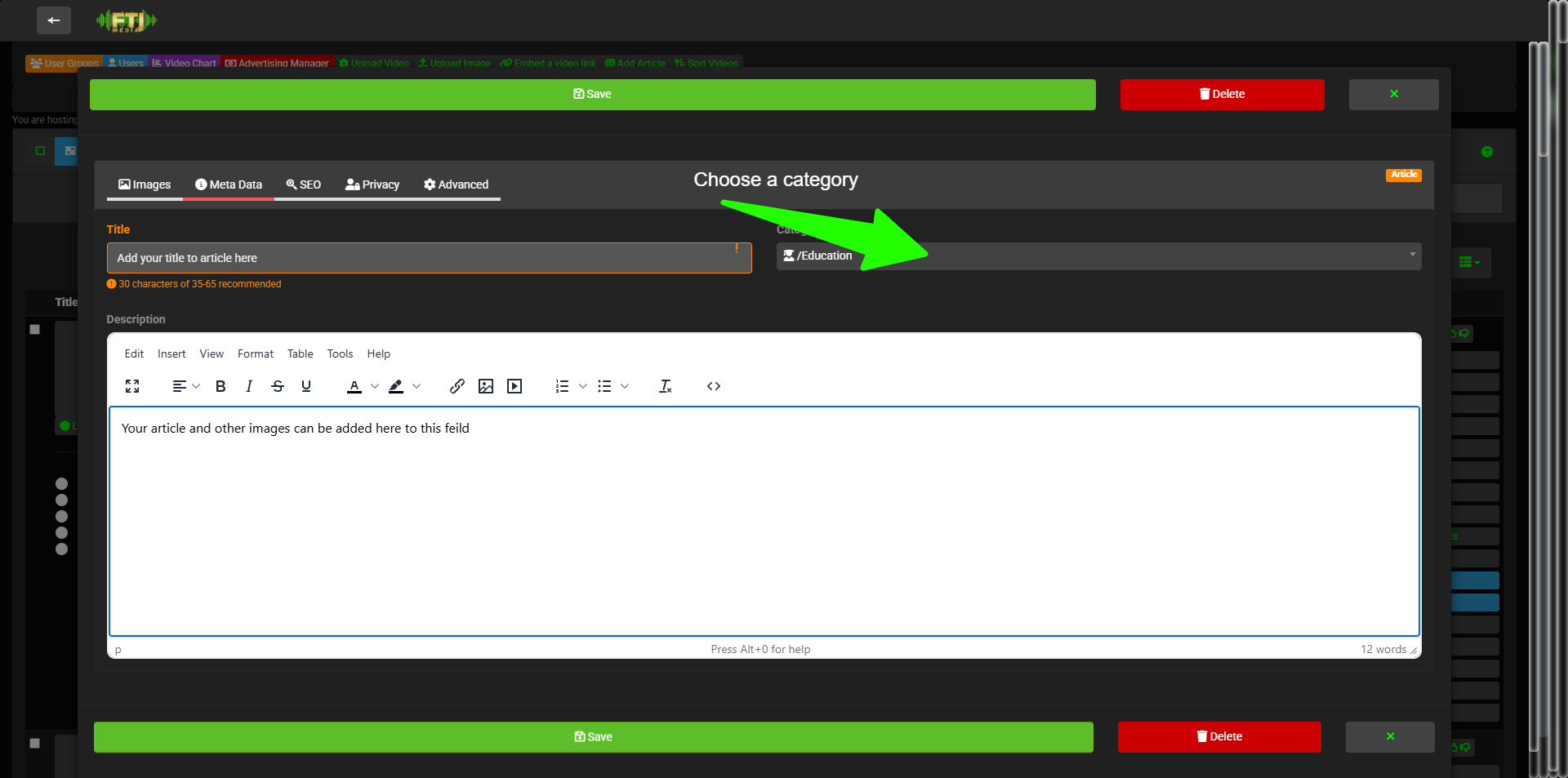 Article creation editor with thumbnail and body field