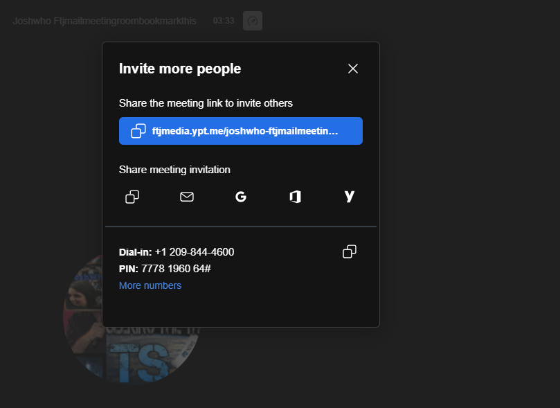 Telephone number and PIN displayed in invite